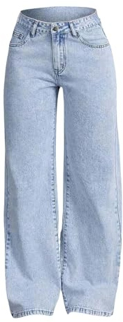 Jeans da ragazza a gamba larga, modello retrò, denim baggy, pantaloni dritti in denim con vita alta, carini e casual, con dettagli stropicciati, pantaloni con tasche, leggeri, per adolescenti e