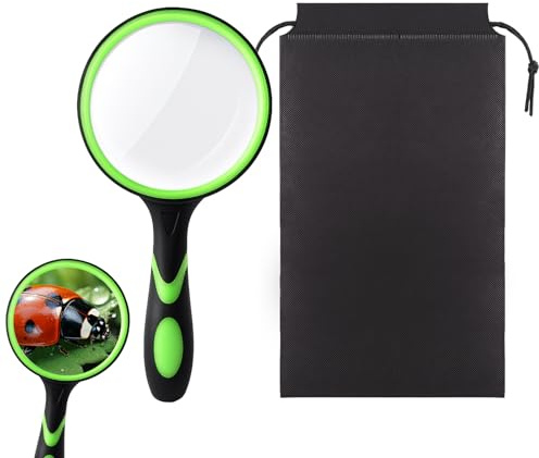 Magnifying Glass10X, Handheld Reading Magnifier Glass 80mm Magnifying Lens with Non-Slip Soft Rubber Handle for Reading Repair Observation with Dust-proof Storage Bag, Green