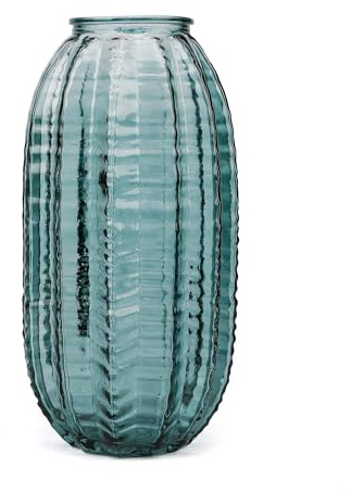 Vaso da fiori in vetro verde a forma di cilindro unico, alto 24,9 cm, design semplice a righe per decorazione domestica, centrotavola, matrimonio, tavolo da pranzo, composizione.