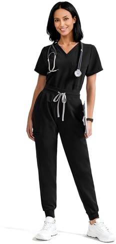 YESWEL Scrubs for Women Set, V-Neck Top & High Waisted Jogger Pants, 8 Pockets Stretchy Medical Uniform Workwear (Standard, Black, X-Large)