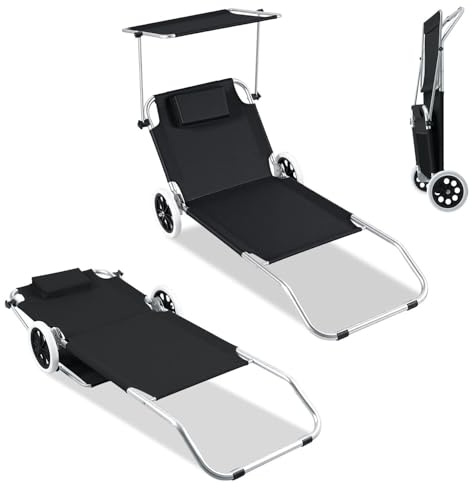 Ollewiellan Tumbona de playa 2 en 1 con ruedas, techo de aluminio, plegable, ligera hasta 100 kg, tumbona con ruedas inoxidable, ajustable, para exteriores, ayuda de transporte para playa, color negro