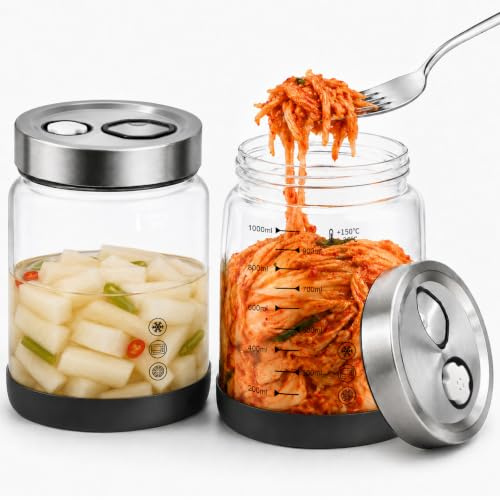 Diesisa Lot de 2 Borosilicaté Bocal de Fermentation 1L avec Aérations | Bocaux de Fermentation avec Couvercle - Graduations Précises - Étanche & Antidérapant - Idéal pour Choucroute Kimchi Kombucha