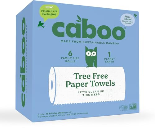 Caboo - Toallas de papel 100% bambú y caña de azúcar de 2 capas, 115 hojas, 6 rollos