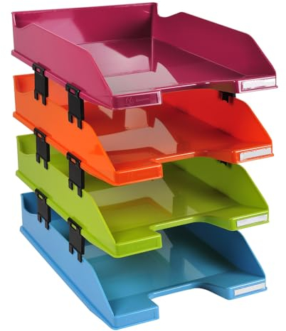 Exacompta - Ref 113298SETD - Letter Trays Combo Midi (Set of 4) - 357 x 255 x 244mm in Size, Suitable for A4+ Documents, 12 Spacers to Increase Capacity - Assorted Colours