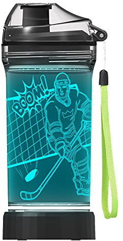 Lightzz Kids Water Bottle with 3D Glowing Hockey LED Light - 14 OZ Tritan BPA Free - Creative Ideal Travel Cup Gift for School Kid Boy Child Holiday Camping