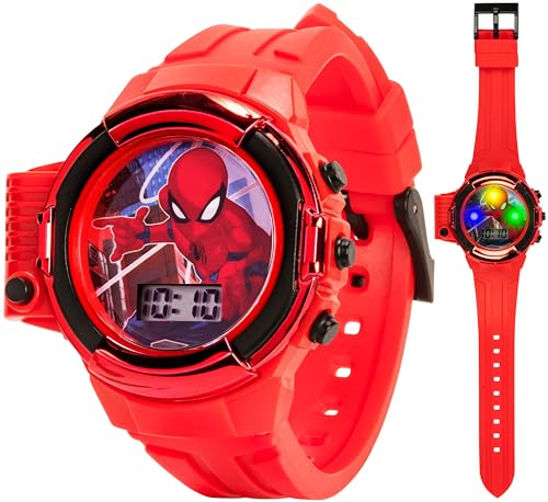 Marvel Spider-Man Kids Flashlight LCD Watch – Digital Time Display, Press-Activated Side Flashlight, Bold Red Plastic Strap with Superhero Graphics, Fun Interactive Design, Fits Wrists 5.5-8