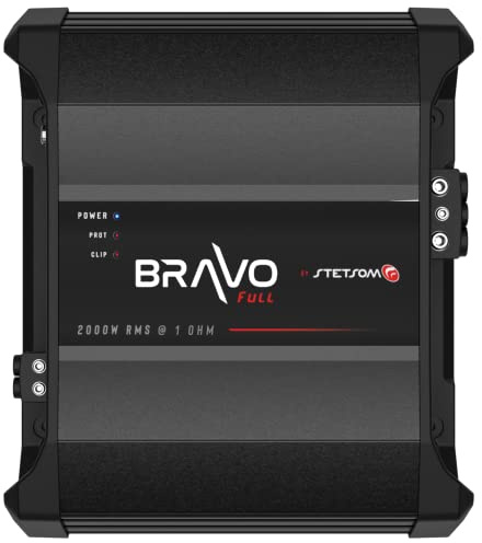 Stetsom Bravo Full 2000 1 Ohm Mono Car Amplificatore, 2000.1 2K Watt RMS, 1Ω Stabile Car Audio, Qualità del suono HD, Crossover & Bass Boost, Altoparlante stereo per auto Subwoofer MD, Smart Coolers
