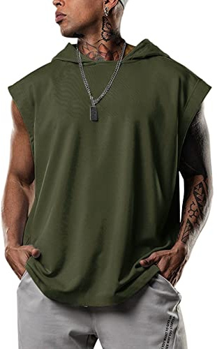 Lomon Débardeur à capuche sans manches pour homme - T-shirt de sport - Fitness - Pull à capuche, Vert armée., M