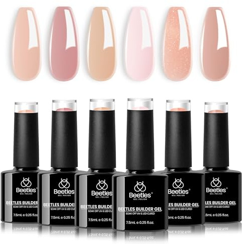 Beetles Builder Gel 6 Colors, 8 in 1 Strengthener Jelly Gel Time to Relax Sheer Peach Clear Builder Nude Pink Skin Tone for All Hard Gel Extension Base Nail Gel False Nail Tips Glue