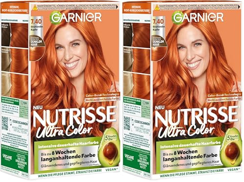Garnier Nutrisse Pflegende Intensivtönung mit nährenden Fruchtölen, Coloration mit 8 Wochen Halt, Farbsensation Haarfarbe, 7.40 Strahlendes Kupfer (Packung mit 2)