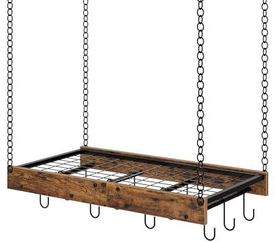 CHOEZON 61 cm hängande grytställ, takmonterad grythängare, vintage grytställ för kök, krukförvaring, med 12 S-formade krokar, för förvaring av köksredskap, rustik brun och svart DTPR01BF