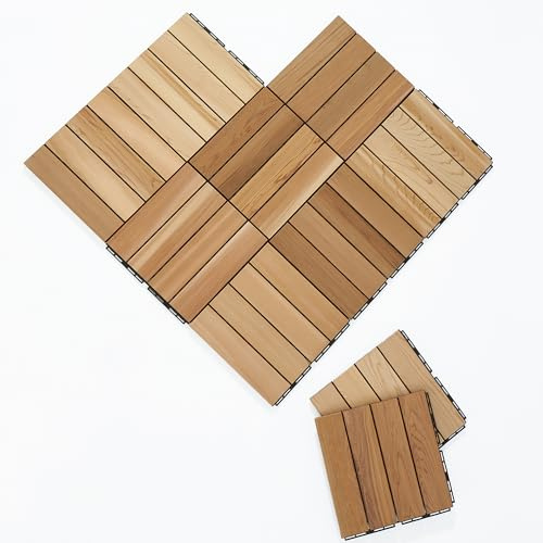 bingaai 10 Pcs Cedar Wood Interlocking Deck Tiles 12 x 12, Cedar Sauna Floor Mat Natural Finish, Wooden Floor Tiles for Balcony, Backyard, Sauna, Patio, Spa Floors, Indoor and Outdoor Use