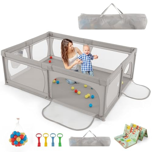 FANTASK 205 x 147 cm lekhage för baby med madrass, lekhage vikbar