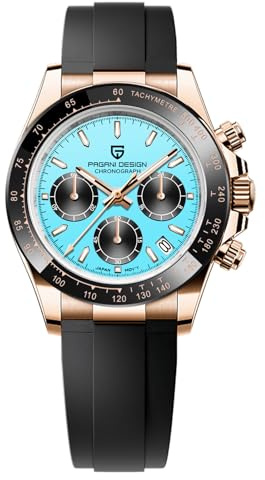 Pagani Design Herrenuhr Saphirglas Chronograph Edelstahl Wasserdicht Leuchtende Uhr Japanisches Uhrwerk Herren Quarzuhr Uhr für Männer（Goldblau）