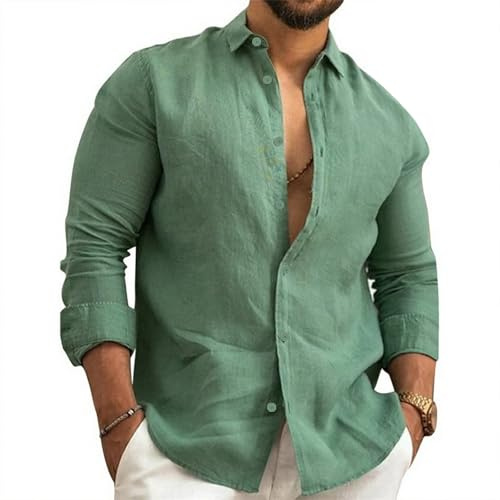 Camisas Lino Hombre Manga Camisa Verano Hombre Elegante Slim Fit Cuello Clásico Transpirable para Vacaciones Mar Playa, S-3XL