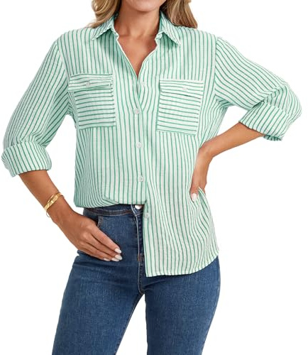 Enmain Womens Striped Shirt Button Down Long Sleeve Green Linen Shirts for Women Casual Summer V Neck Blouse Tops with Pockets M