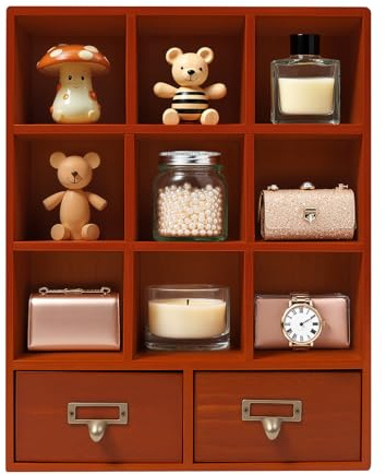 HUIBAI Wooden Shadow Box Shelf, 9 Grid Two Drawers Table Top Display Organizer, Vintage Wooden Cabinet for Home, Office Decor