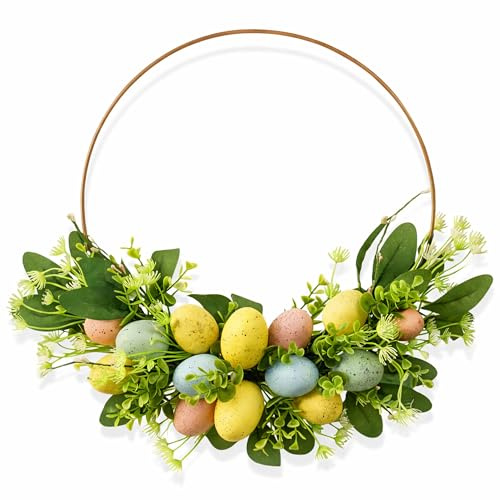 GOVIRAYE 45CM Easter Wreath for Front Door, Artificial Eucalyptus Wreath with Easter Eggs, Door Wreath Decoration for Farmhouse, Wedding, Home, Window, Wall, Fireplace Indoor/Outdoor