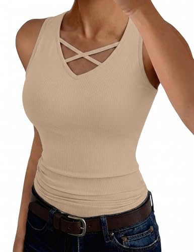 Aottori Vest Tops Women UK V Neck Tank Top Ribbed Cross Front Sleeveless | Soft viscose stretch, fine rib texture, overlap neckline, lightweight summer layer