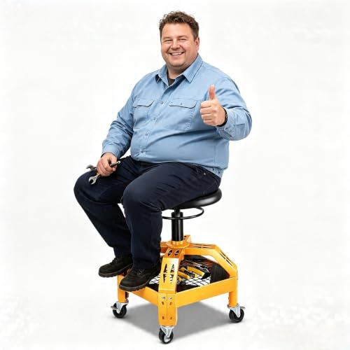 Taburete de taller con ruedas, altura regulable 23-27,5 cm, silla de mecánico hasta 150 kg, giratorio 360°, asiento acolchado, construcción estable con bandeja para herramientas y soporte para bebidas