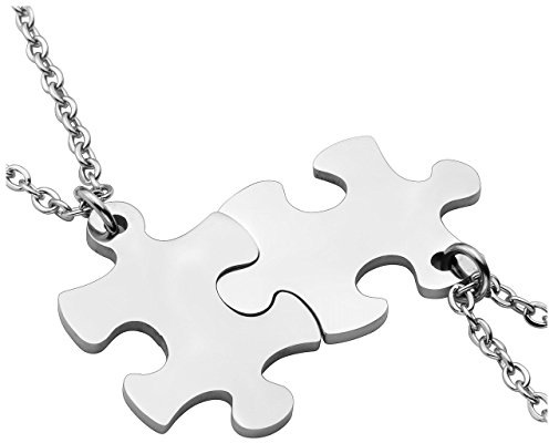 PiercingJ Personalized Gravur 2 Stücke Edelstahl 25 * 17mm Puzzle-Anhänger Halskette Freundschaftsketten Partner Anhänger mit 24 Kette für Herren Damen, Silber