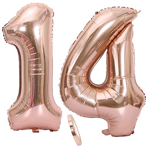 2 palloncini numero 14, number 14 palloncino oro rosa ragazza, 40 palloncino gonfiabile di elio figurine, palloncino gigante per la decorazione della festa di compleanno, promenade (xxxl 100cm)