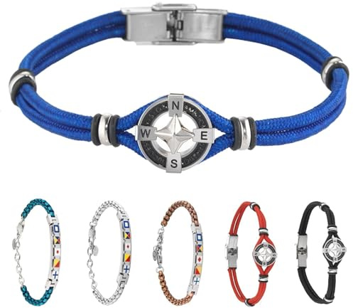 inSCINTILLE Bracelet Homme en Acier Inoxydable avec Symboles Nautiques Longueur Ajustable avec Boîte Cadeau Incluse (Rose des vents - Bleu)