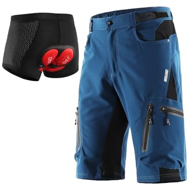 ARSUXEO Pantalones Cortos de Ciclismo para Hombre Pantalones Cortos MTB de Ajuste Holgado Parte Inferior para Deportes al Aire Libre Repelente al Agua con 7 Bolsillos 1202 001B Azul Oscuro L