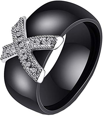 PAURO Damen Zirkon Engagement Hochzeit Band Ringe Keramik X-Form Schwarz Größe 62 (19.7)