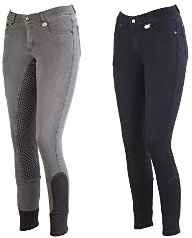 Lazura - Reithose für Damen Dora | Jeans Reithose mit Silikon-Vollbesatz | Vollbesatzreithose mit seitlicher Handytasche & 4 Einschubtaschen | Reitleggings in hellgrau | Reitbekleidung in Größe 36