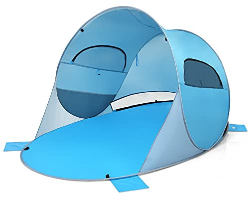 RELAX4LIFE Strandzelt 3-4 Personen, Sonnenzelt mit 4 Seilen & 8 Bodennägeln & 4 Sandsäcken, Strandmuschel mit 2 Fenstern, leicht & faltbar, Sonnenschutz mit Tragetasche, Strand Garten Camping (Blau)