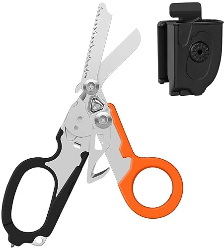INSGB Tijeras de emergencia Raptor Response 6 en 1, tijeras multiherramienta, pinzas tácticas plegables con cortador de correa y interruptor de vidrio, naranja+negro