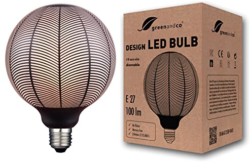greenandco Vintage Design LED Lampe schwarz gemustert | Blattmotiv | dimmbar | E27 G125 | 4W 100lm | 1800K extra warmweiß | zur Stimmungsbeleuchtung | flimmerfrei 300° | 230V