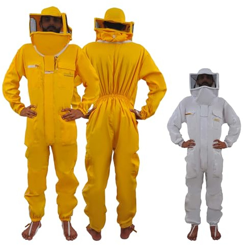 URBANSBEE Tuta Apicoltore professionale Abito Apicoltura Cotone Quadrato Cappuccio eampia tasca per gli apicoltori contro le punture delle api Tuta Naturale ape (M, Giallo Con Cappello Quadrato)