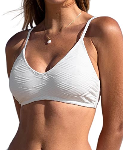 CUPSHE Bikini Top Halter con Cuello en U para Mujer Traje de baño Texturizado Bikini Top Blanco L