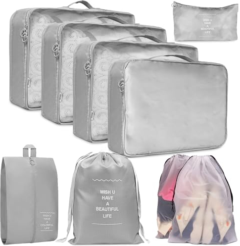 Koffer Organizer Compression Set,9 Pcs Leichtgewicht Packing Cubes Reise Organizer Set, Urlaub und Reisen Wasserdichte Reise Kofferorganizer Für Rucksack,Koffer (Grau)