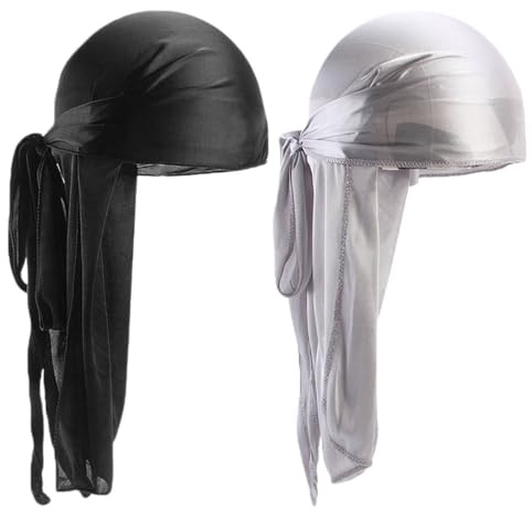 2 PCS Silky Durag, Unisex Durag Wide Pirate Hair Bands para la caída del cabello, turbante para mujeres y hombres Hip-Hop y decoración diaria (negro+gris plateado)