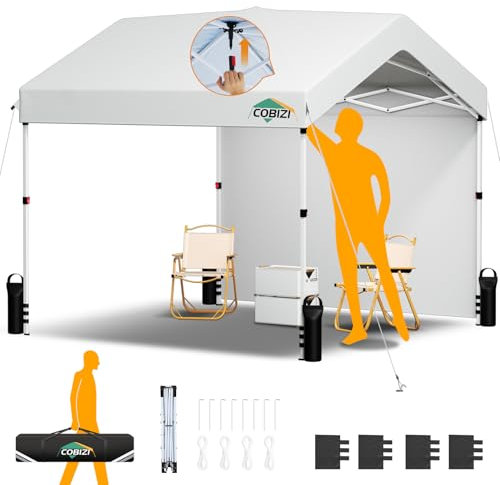 COBIZI Tonnelle Pliante 3x3m avec 1 Parois Imperméable, Barnum Pliant 3x3 Professionnel Protection UV, One-Push Pop up Carports Garage Tent pour Fête Plage Terrasse Camping (3 par 3m Blanc)