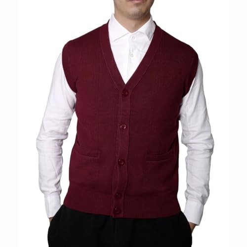 UrbanFit Mens V-Neck Sleeveless Sweater Knitted Tank Top Gilets Jumpers Cardigan Vest (UK, Alpha, M, Regular, Regular, Burgundy)