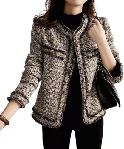 Blazer en Tweed élégant et décontracté pour Femmes à l'automne et à l'hiver Blazer à Manches Longues avec Bordure à Pompons à la Mode Veste Vintage Loose Trend
