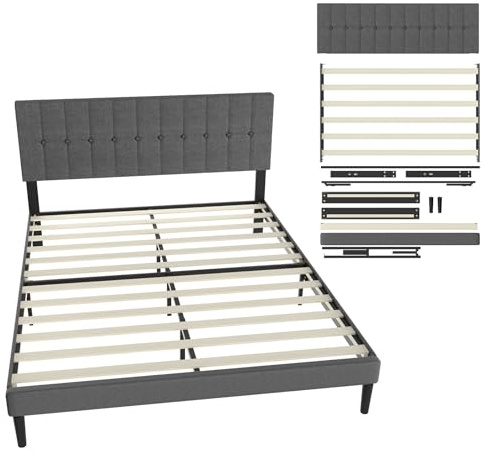 UISEBRT Sängklädselsäng 160 x 200 cm – sängram med knappar, plattformssängram med vadderat huvudgavel av linne, stöd för träribbor, dubbelsäng för vuxna, modern design (mörkgrå)