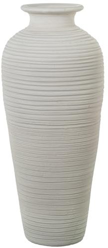 DRW Jarron de Suelo de Ceramica Ondulado en Blanco Mate 30x30x70cm