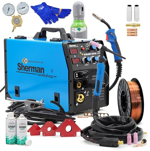 Sherman Dualmig 210 S4 professionellt set – MIG/MAG, WIG & MMA svetsmaskin 200 A med handskar, magnetiska vinklar, tråd och gasflaska – bestschweissen.de