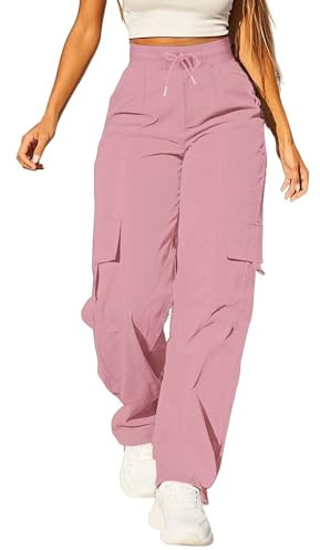 Cargo Pants For Women UK High Waist Combat Trousers With Multiple Pockets Solid Color Drawstring Tracksuit Bottoms Baggy Lightweight Wide Leg Trousers Ladies Casual Jogging Pants Hiking Walking