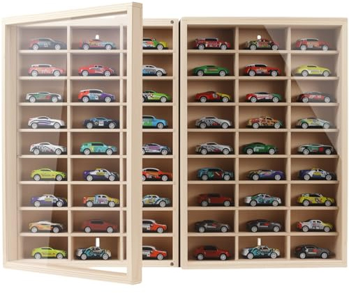 Wooden Wall Mount Display Case for Hot Wheels 54 Space 1/64 Hot Wheels Toy Car Storage Organizer Display Shelf Hotwheels Model Car Wall Displays Storage Case Shelf with Dustproof Acrylic Door