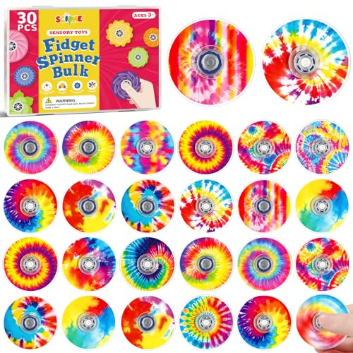 SCIONE 30 stycken fidget-spinn-presenter till barnkalas, 15 tie-dye-mönster akryl mini snurror, gästpresenter barn, skattkista, belöningar, sensoriska leksaker för skola, 3,8 cm