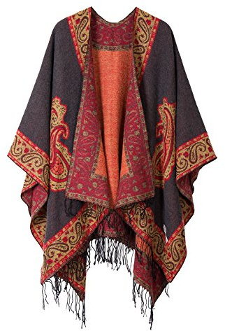 Urban GoCo Femmes Rétro Imprimé Châle Cape Manteau Tassel Poncho Cardigan (#2 Gris)