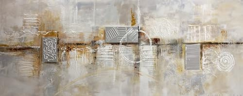 Cuadroexpres - Cuadro Pintado Abstracto 150x60 cm Colores Claros, con Ocre y Marrón y Relieve 100% Original, Firmado por el Artista Giovanni Vela, sobre Lienzo, Listo para Colgar
