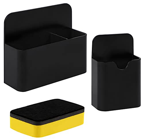 Lot de 2 porte-stylos magnétiques - Pour tableau blanc, réfrigérateur, école, bureau - Avec éponge pour tableau blanc - Noir