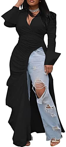 Women's Deep V Neck Ruched Long Sleeve Side Split High Low Irregular Hem Top Tunic Blouse Long Shirt Dress, Black, XL